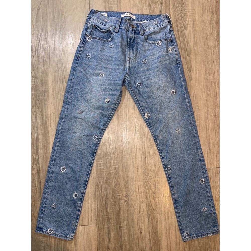 PacSun Slim Taper Embroidered Jeans 28x30 Blue Mushroom Peace Yin Yang Mens